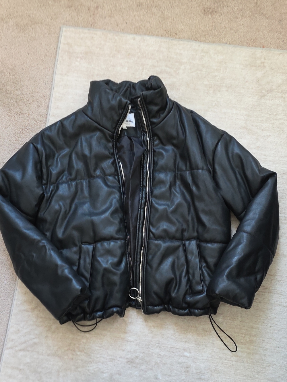 jason maxwell Black Faux-Leather Puffer Bomber Jacket